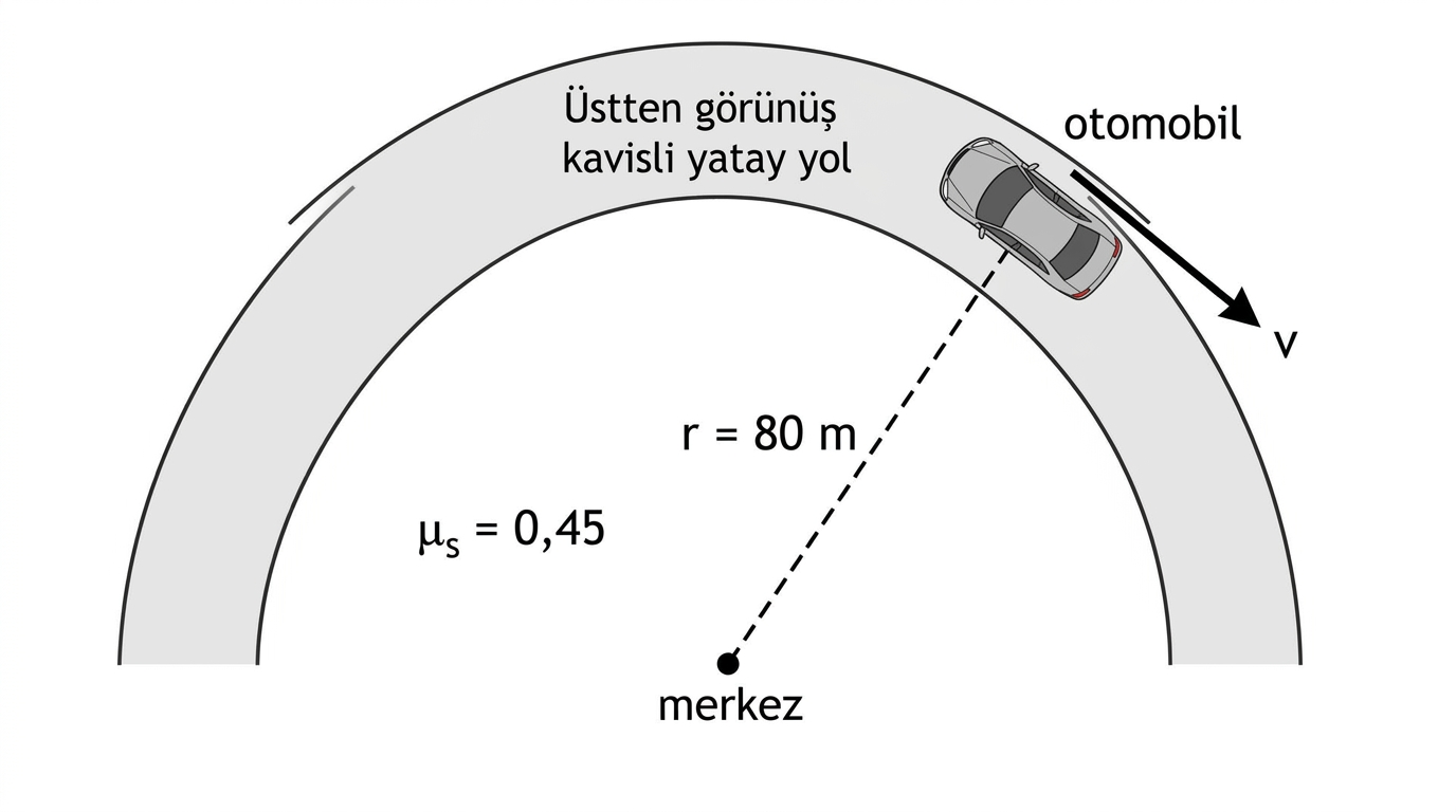Yatay virajda sürtünmeyle güvenli dönüş yapan otomobil