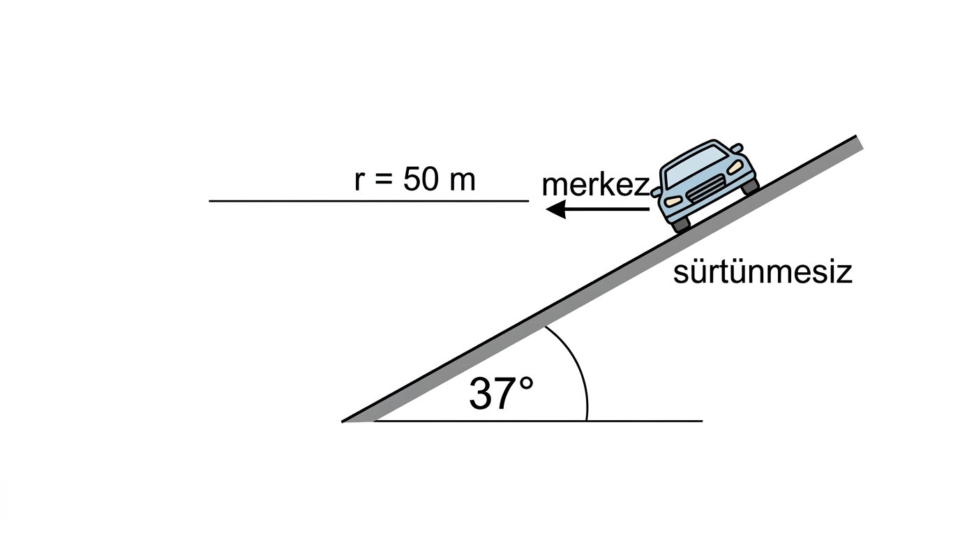37 derece eğimli ve 50 metre yarıçaplı viraj