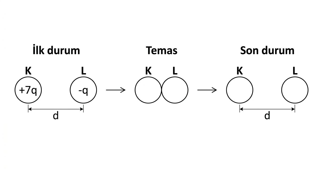 Artı 7q ve eksi q yüklü özdeş iletken kürelerin temas öncesi ve sonrası durumu