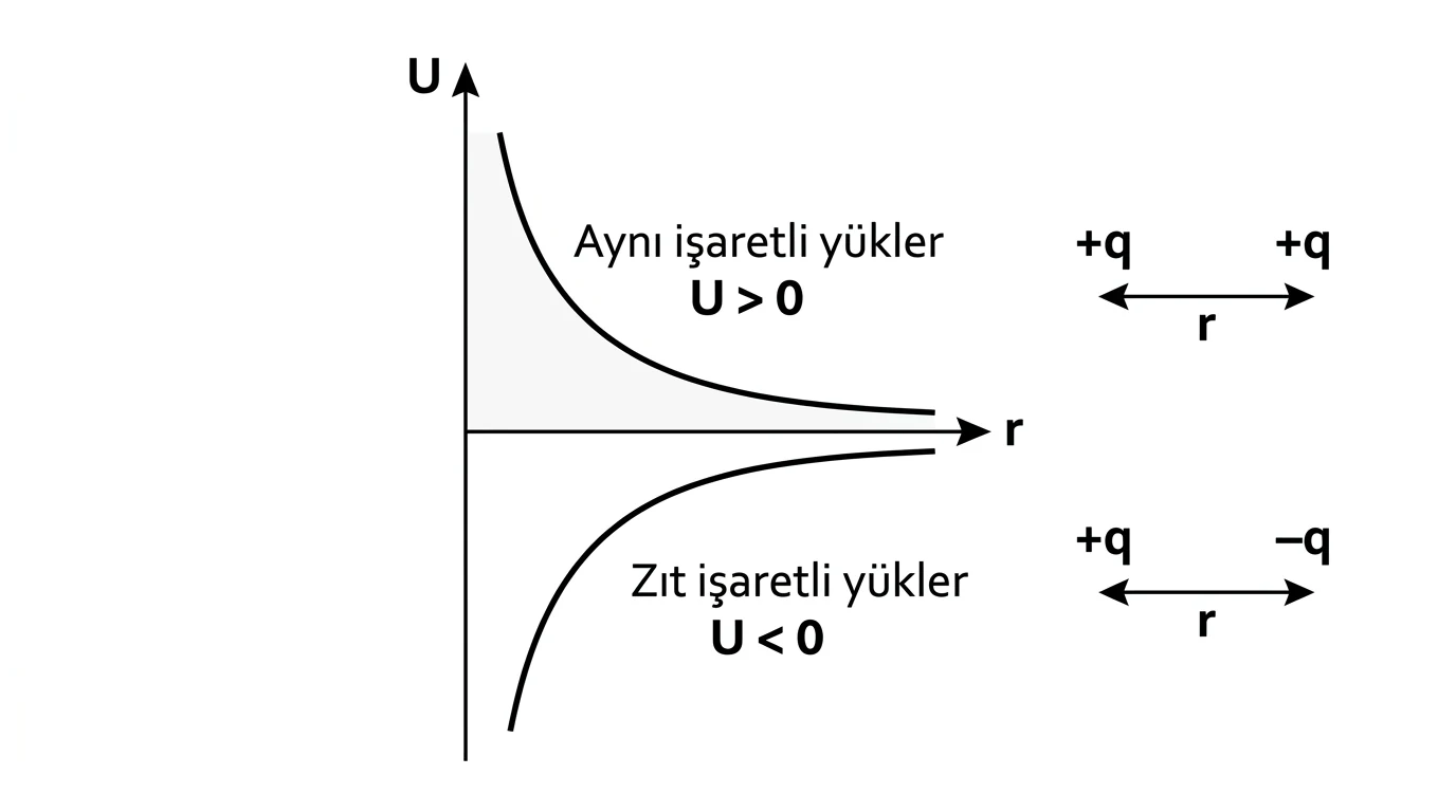 Aynı ve zıt işaretli iki yükte elektriksel potansiyel enerjinin uzaklığa göre değişimi