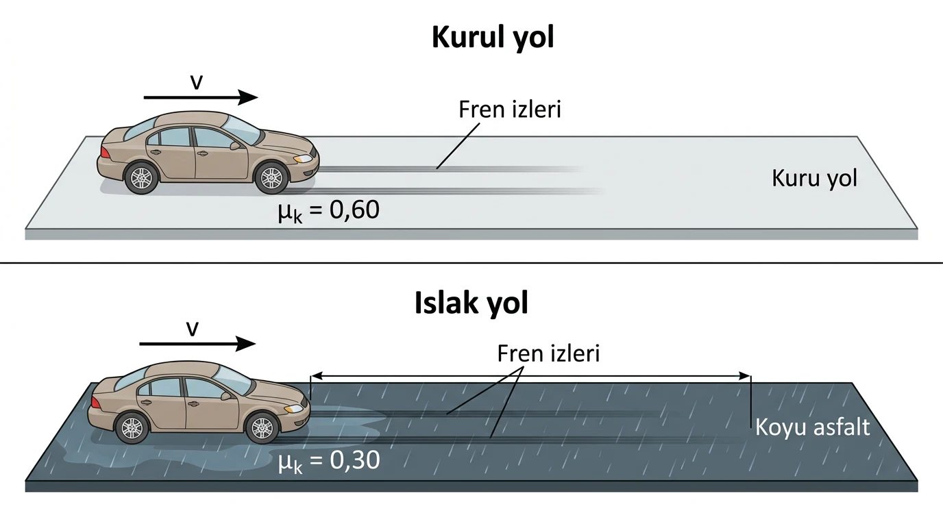 Kuru ve ıslak yolda aynı otomobilin frenleme karşılaştırması