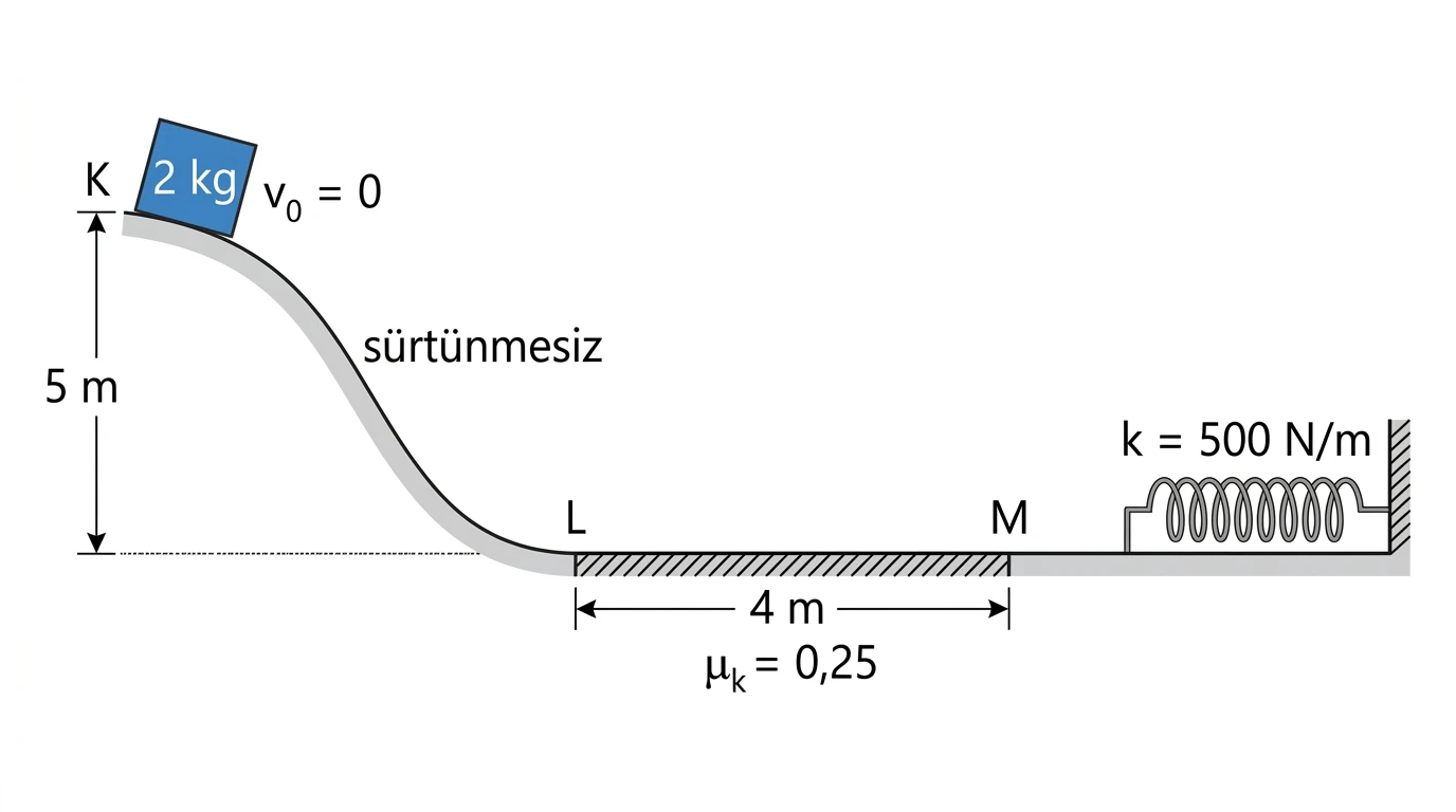 Yükseklik sürtünmeli bölge ve yay içeren bileşik enerji düzeneği