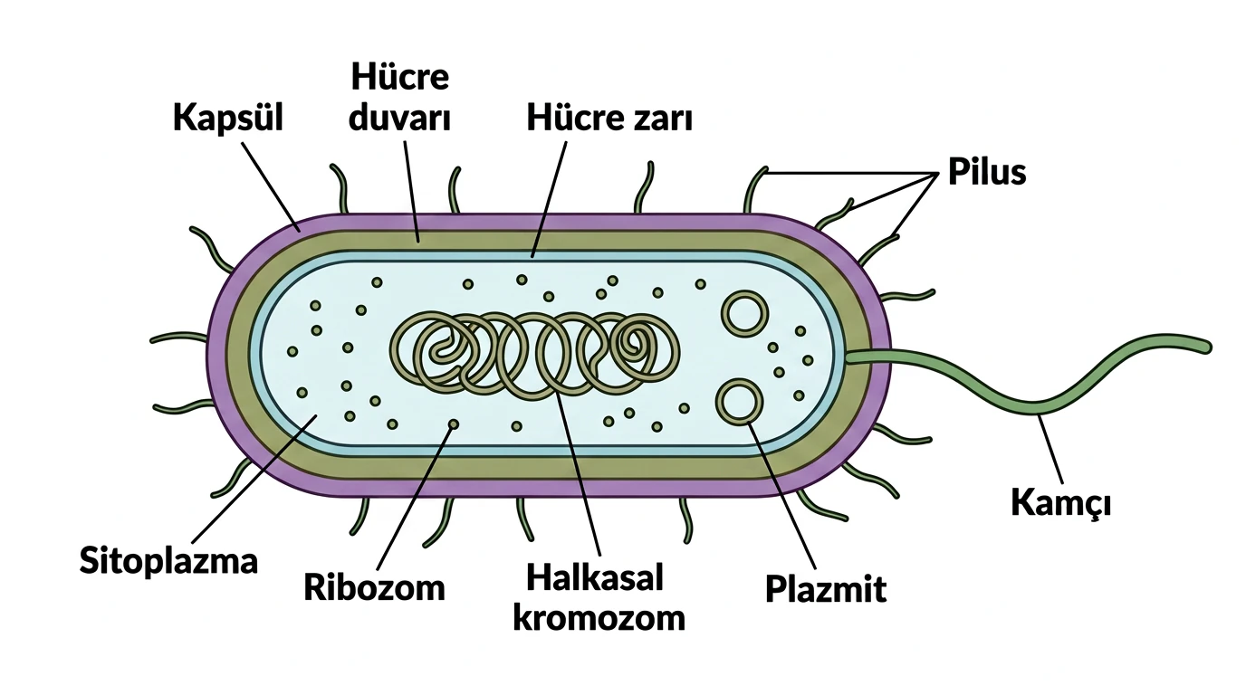 Kapsül hücre duvarı hücre zarı sitoplazma ribozom halkasal kromozom plazmit pilus ve kamçı ile bakteri hücresinin yapısı