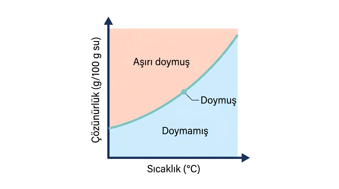 Çözünürlük sıcaklık grafiğinde eğrinin altında doymamış, üzerinde doymuş ve üstünde aşırı doymuş çözelti bölgeleri