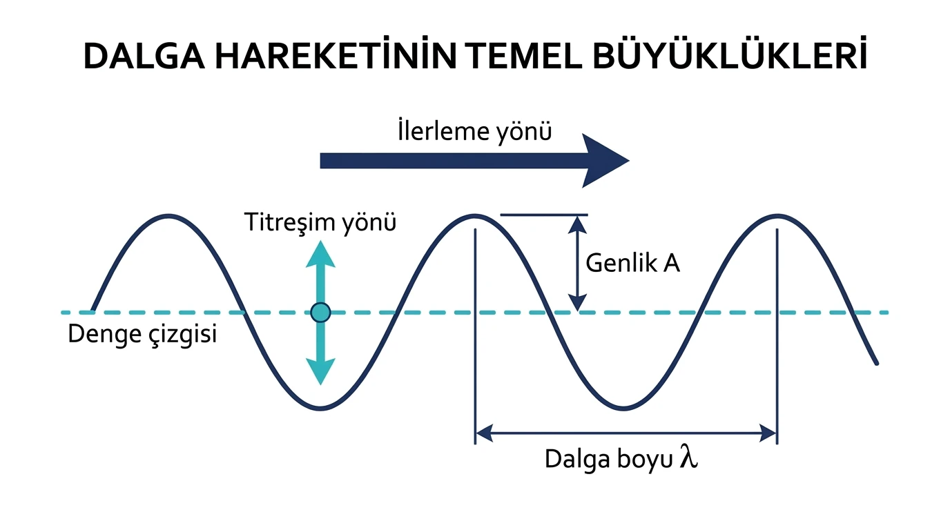 Dalga hareketinde ilerleme ve titreşim yönü ile genlik ve dalga boyunun gösterimi