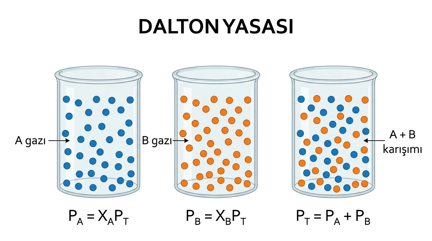 A ve B gazlarının aynı kapta toplam basınca ayrı katkıları ile mol kesri bağıntıları