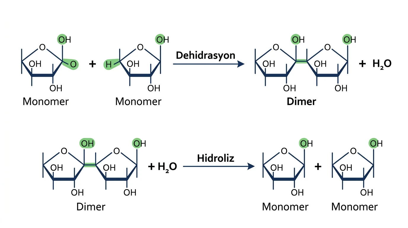 İki monomerin dehidrasyonla dimer oluşturması ve dimerin hidrolizle monomerlere ayrılması
