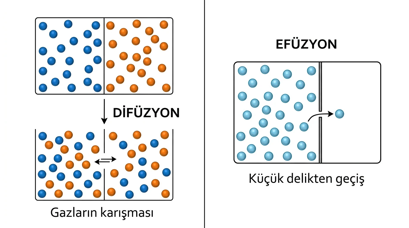 İki gazın birbirine karıştığı difüzyon ve gazın küçük delikten boşluğa kaçtığı efüzyon düzenekleri