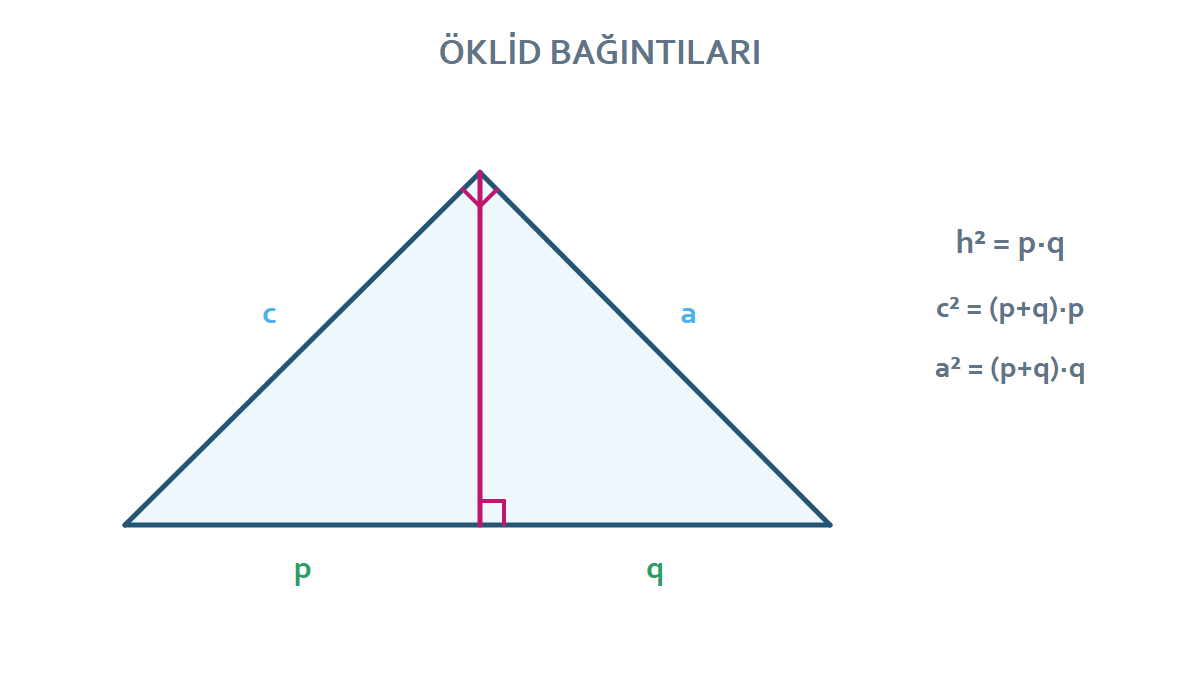 Hipotenüse indirilen yükseklik ve Öklid bağıntılarını gösteren dik üçgen çizimi