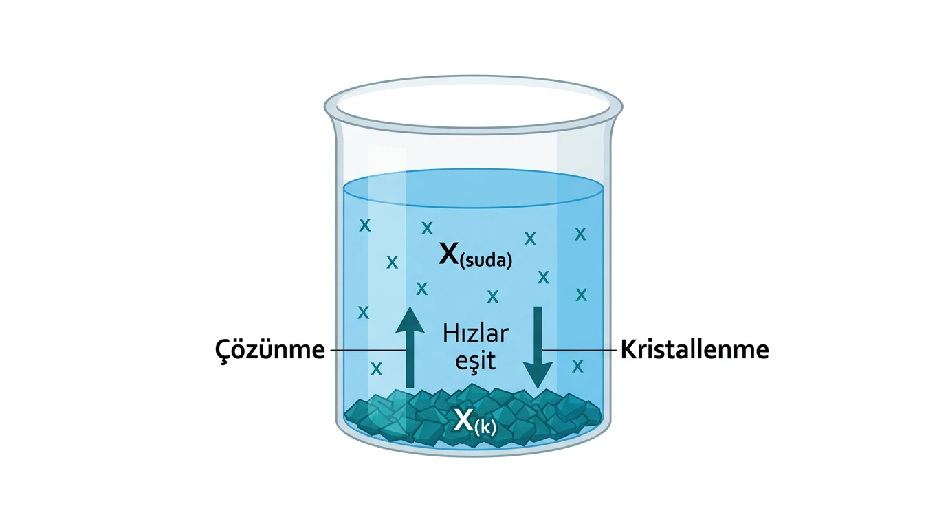 Dibinde katı bulunan doygun çözeltide eşit hızlı çözünme ve kristallenme yönlerini gösteren tanecik şeması
