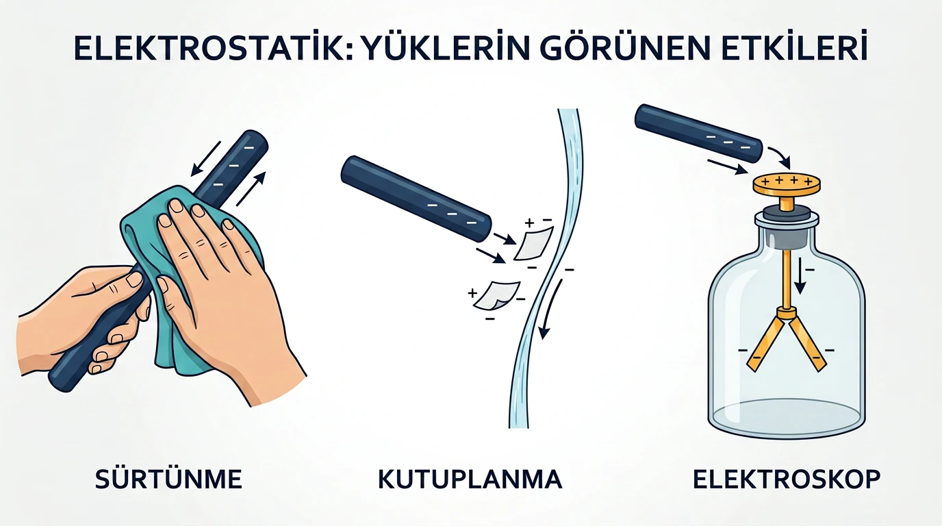 Sürtünme kutuplanma ve elektroskopta yük ayrışmasının birlikte gösterimi