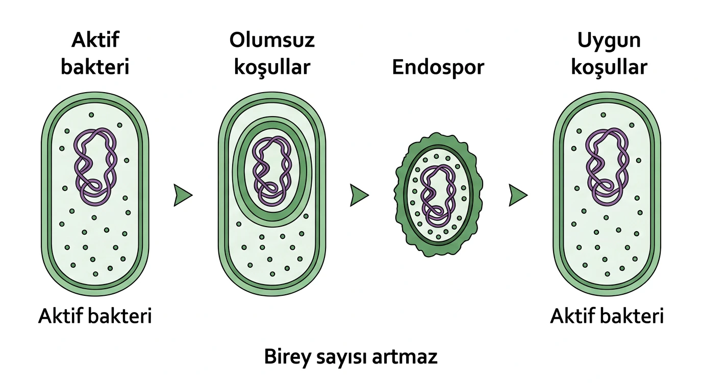 Olumsuz koşullarda endospor oluşumu ve uygun koşullarda aktif bakteriye dönüş