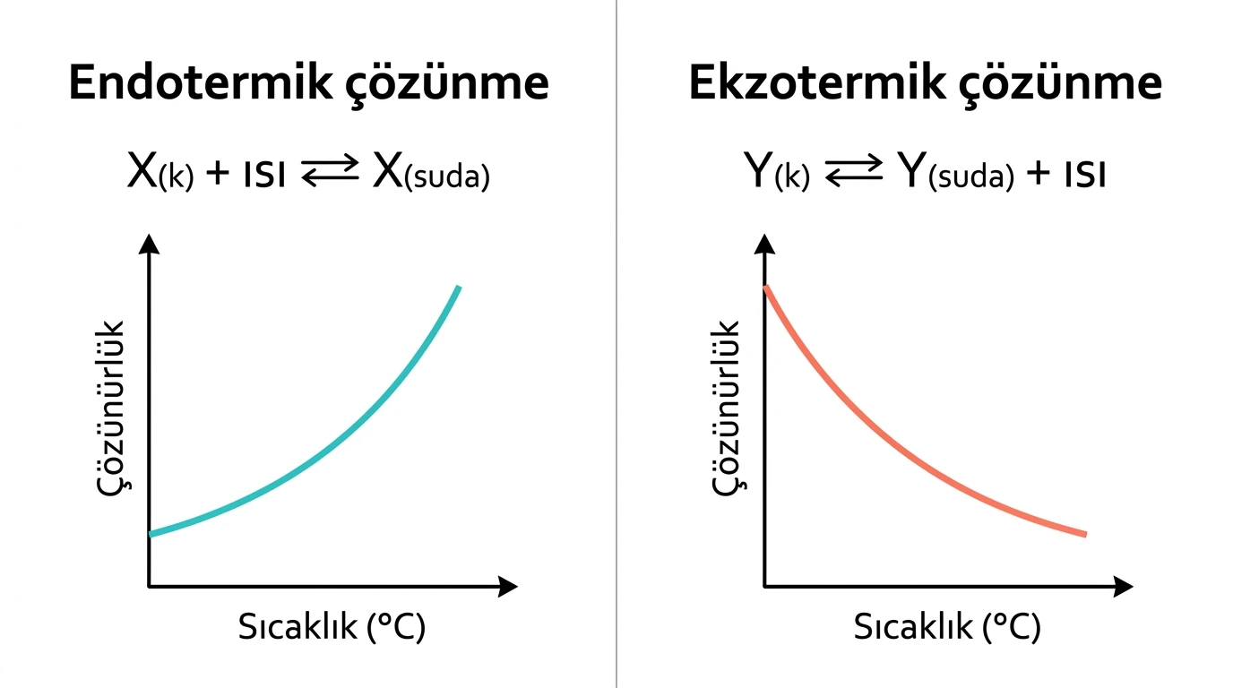 Endotermik çözünmede yükselen, ekzotermik çözünmede azalan çözünürlük sıcaklık eğrileri