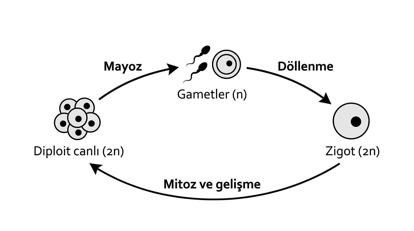 Mayoz, döllenme, zigot ve mitoz basamaklarından oluşan eşeyli üreme döngüsü