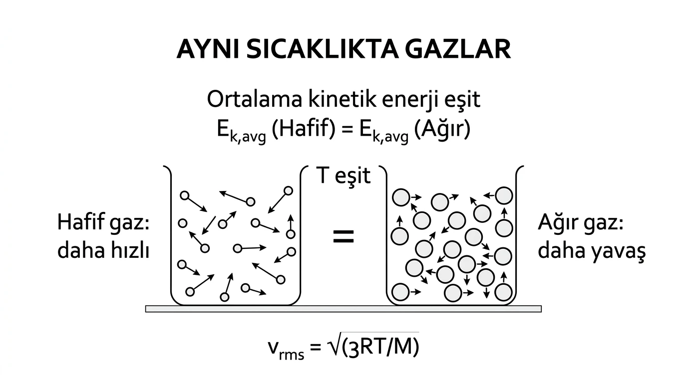Eşit sıcaklıktaki hafif ve ağır gazların eşit ortalama kinetik enerjileri ve farklı hızları
