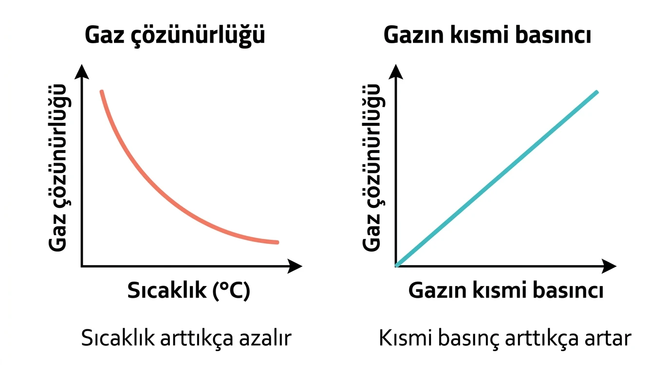 Gaz çözünürlüğünün düşük sıcaklık ve yüksek basınçta arttığını karşılaştıran iki panelli şema