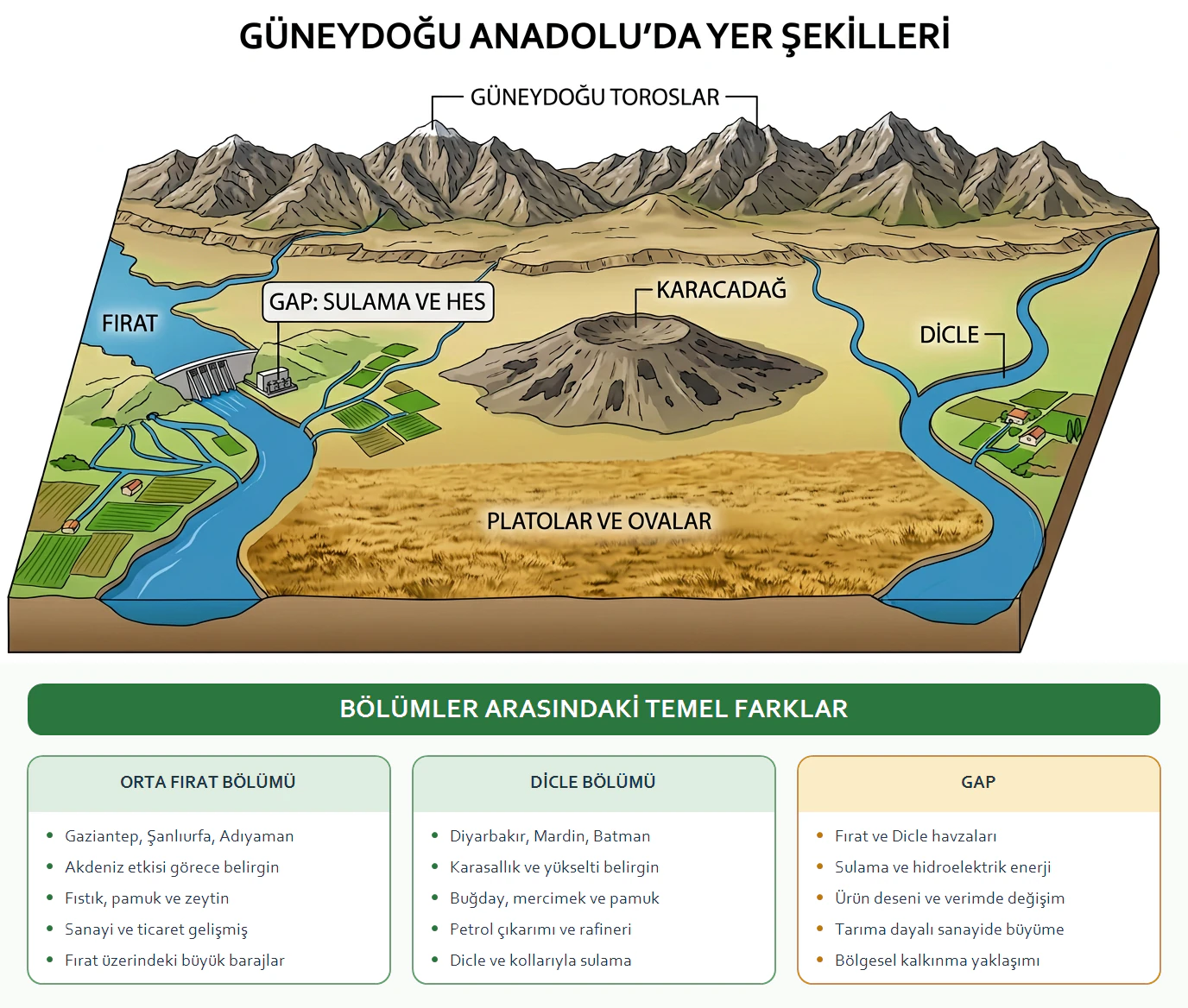 Güneydoğu Anadolu Bölgesi'nde Güneydoğu Toroslar, Karacadağ, Fırat, Dicle, plato ve ovalar ile Orta Fırat, Dicle Bölümü ve GAP ilişkisini gösteren eğitim görseli