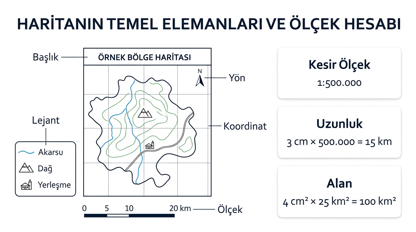 Haritanın başlık, yön, koordinat, lejant ve ölçek elemanları ile uzunluk ve alan hesabı