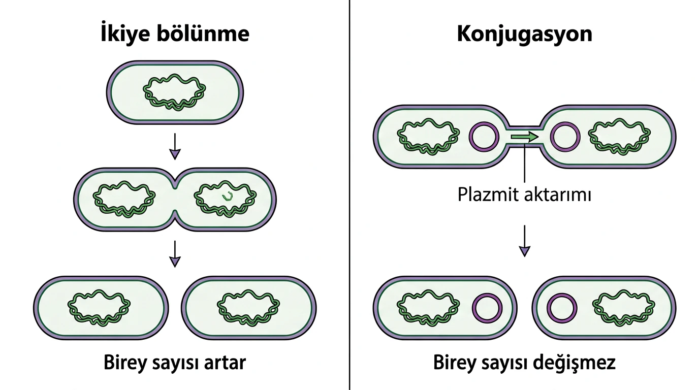 Bakterilerde ikiye bölünmede birey sayısının artması ve konjugasyonda plazmit aktarımı