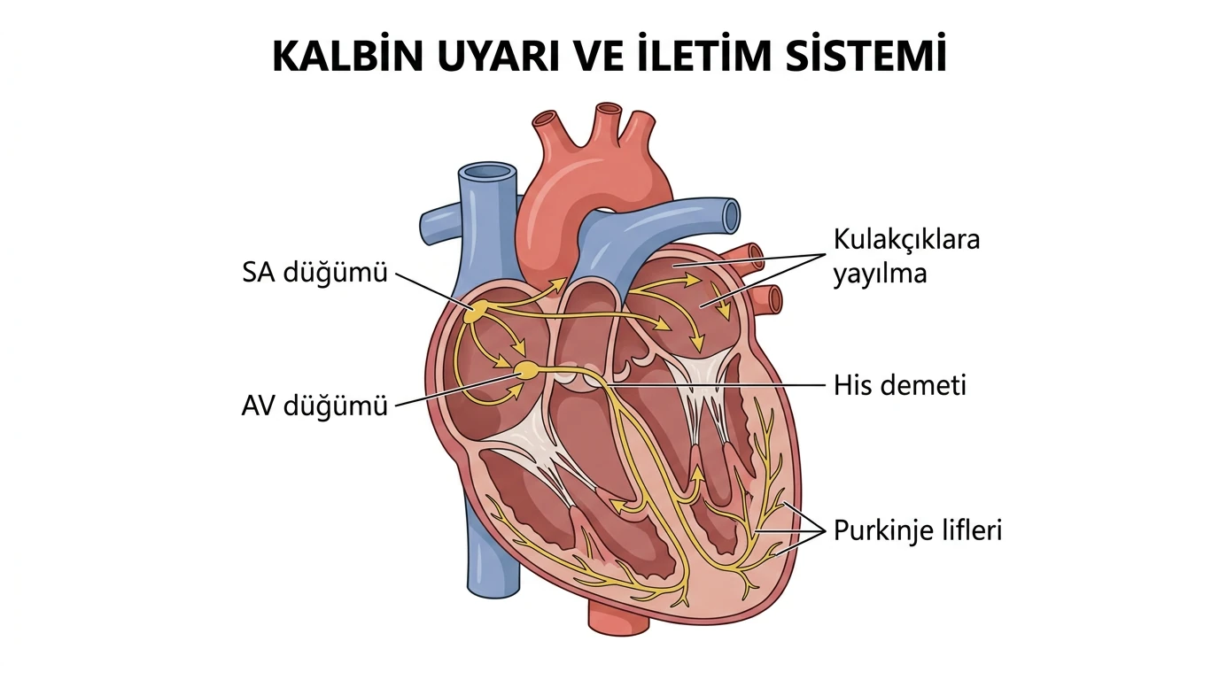 SA düğümünden AV düğümüne, His demetine ve Purkinje liflerine ilerleyen kalp ileti sistemi