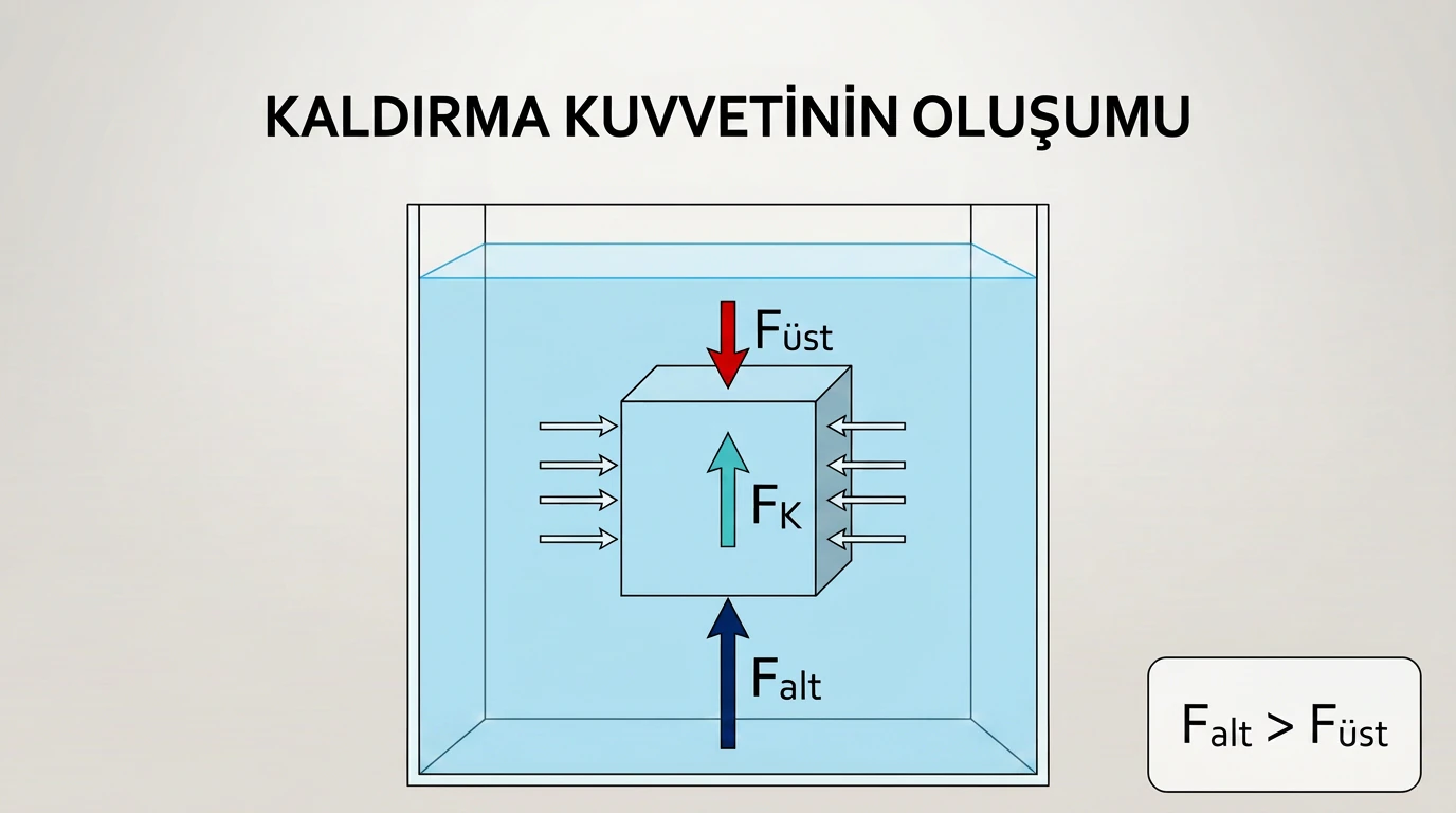 Sıvıya batırılmış cisimde üst ve alt yüzey basınç kuvvetlerinin farkından kaldırma kuvvetinin oluşumu