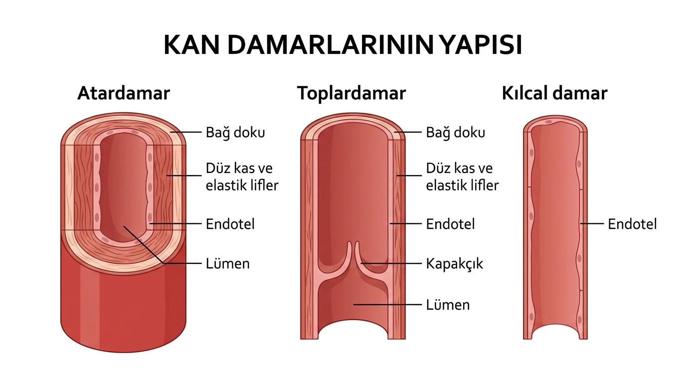 Atardamar, toplardamar ve kılcal damar duvarlarının karşılaştırılması