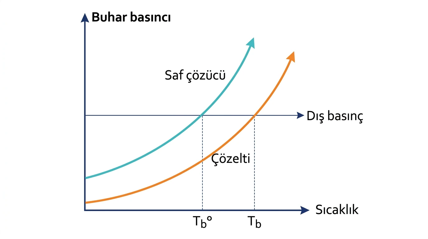Saf çözücü ve uçucu olmayan çözünen içeren çözeltinin aynı dış basınç çizgisine farklı sıcaklıklarda ulaştığı grafik