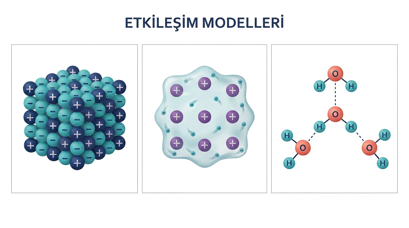 İyonik örgü, metalik bağ ve su molekülleri arasındaki hidrojen bağı modelleri