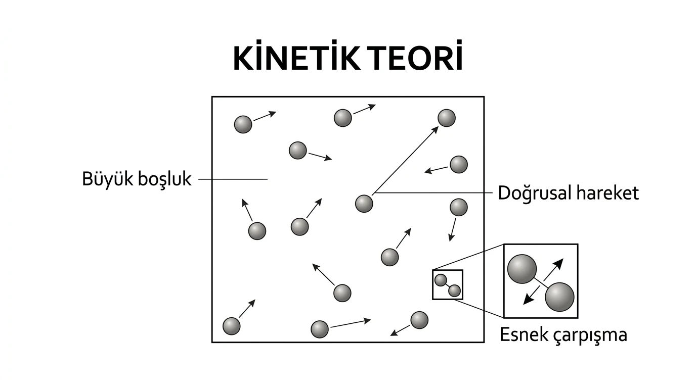 Gaz taneciklerinin kap içinde rastgele hareketi, esnek çarpışması ve aralarındaki büyük boşluklar