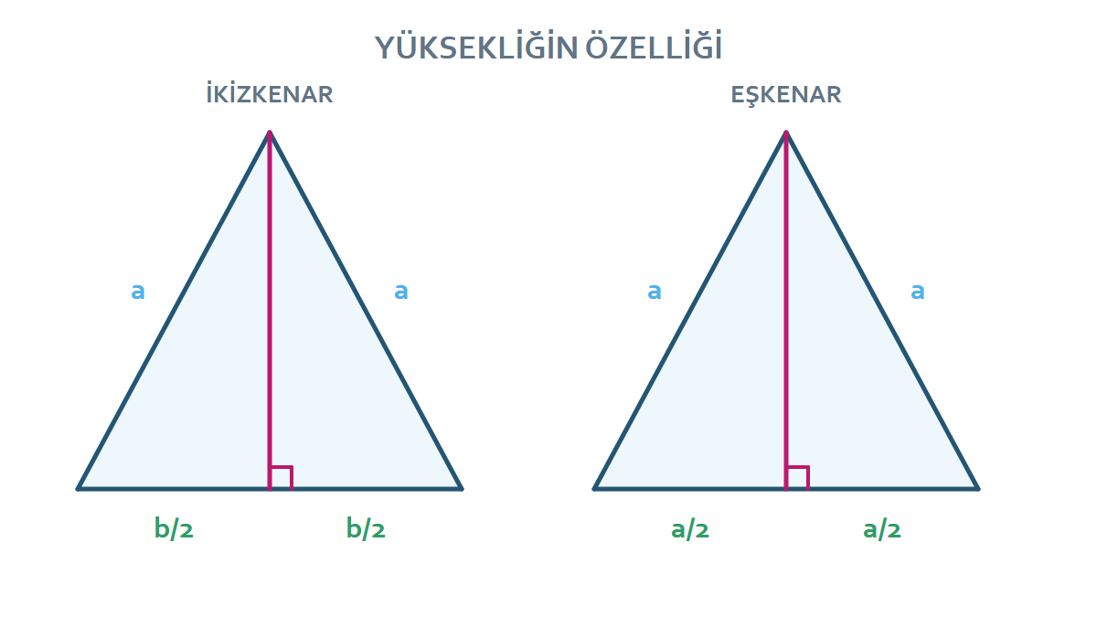 İkizkenar ve eşkenar üçgende yüksekliğin tabanı iki eşit parçaya ayırmasını gösteren çizim