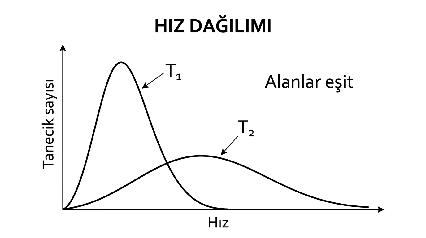 Düşük sıcaklıkta yüksek ve dar, yüksek sıcaklıkta sağa kaymış yayvan hız dağılım eğrileri