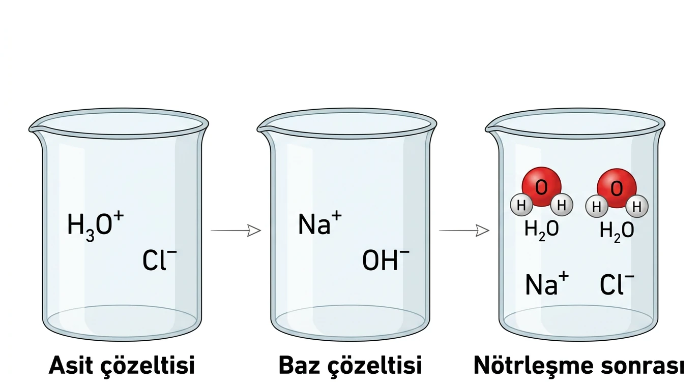 Asit ve baz çözeltilerindeki iyonların nötrleşme sonunda su oluşturmasını gösteren tanecik modeli