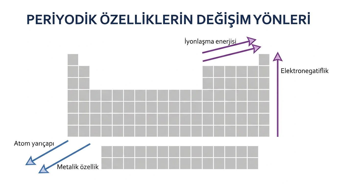 Periyodik sistemde atom yarıçapı, metalik özellik, iyonlaşma enerjisi ve elektronegatifliğin artış yönleri