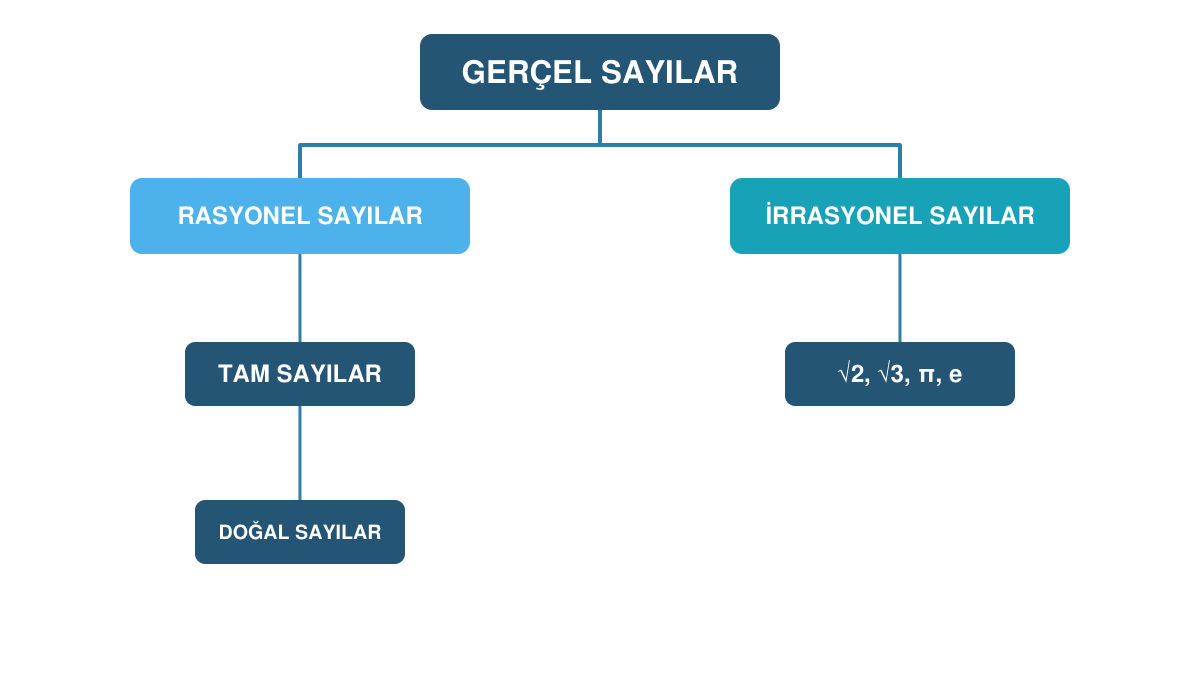 Gerçel sayıların rasyonel ve irrasyonel sayılara ayrılışını, tam ve doğal sayıların kapsama sırasını gösteren diyagram