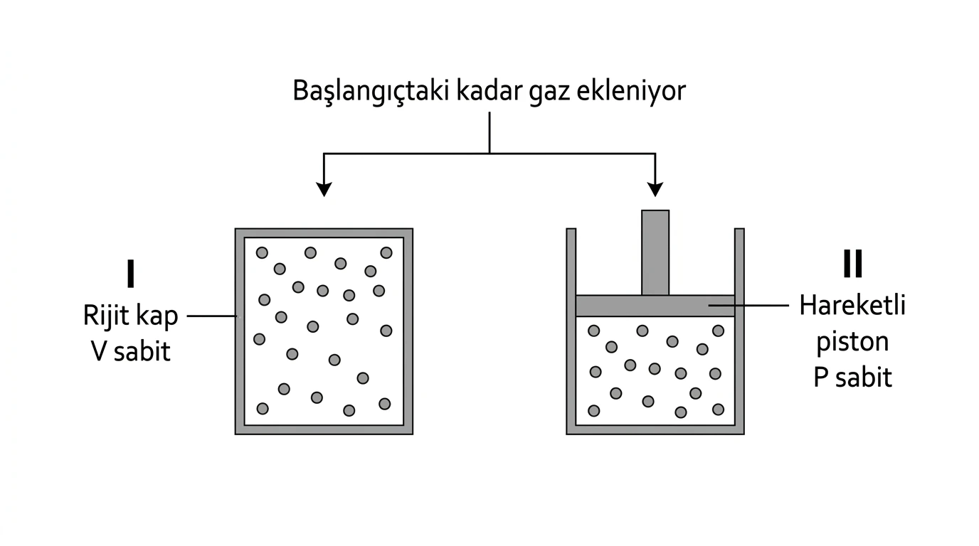 Aynı gazın rijit ve sabit basınçlı pistonlu kaplarına eş sıcaklıkta gaz eklenmesi