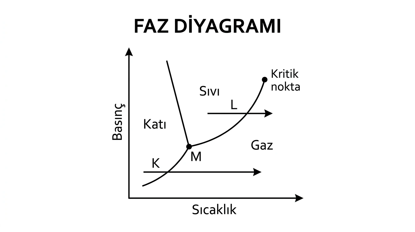 Katı sıvı gaz alanları, üçlü nokta, kritik nokta ve K L M yolları işaretli faz diyagramı
