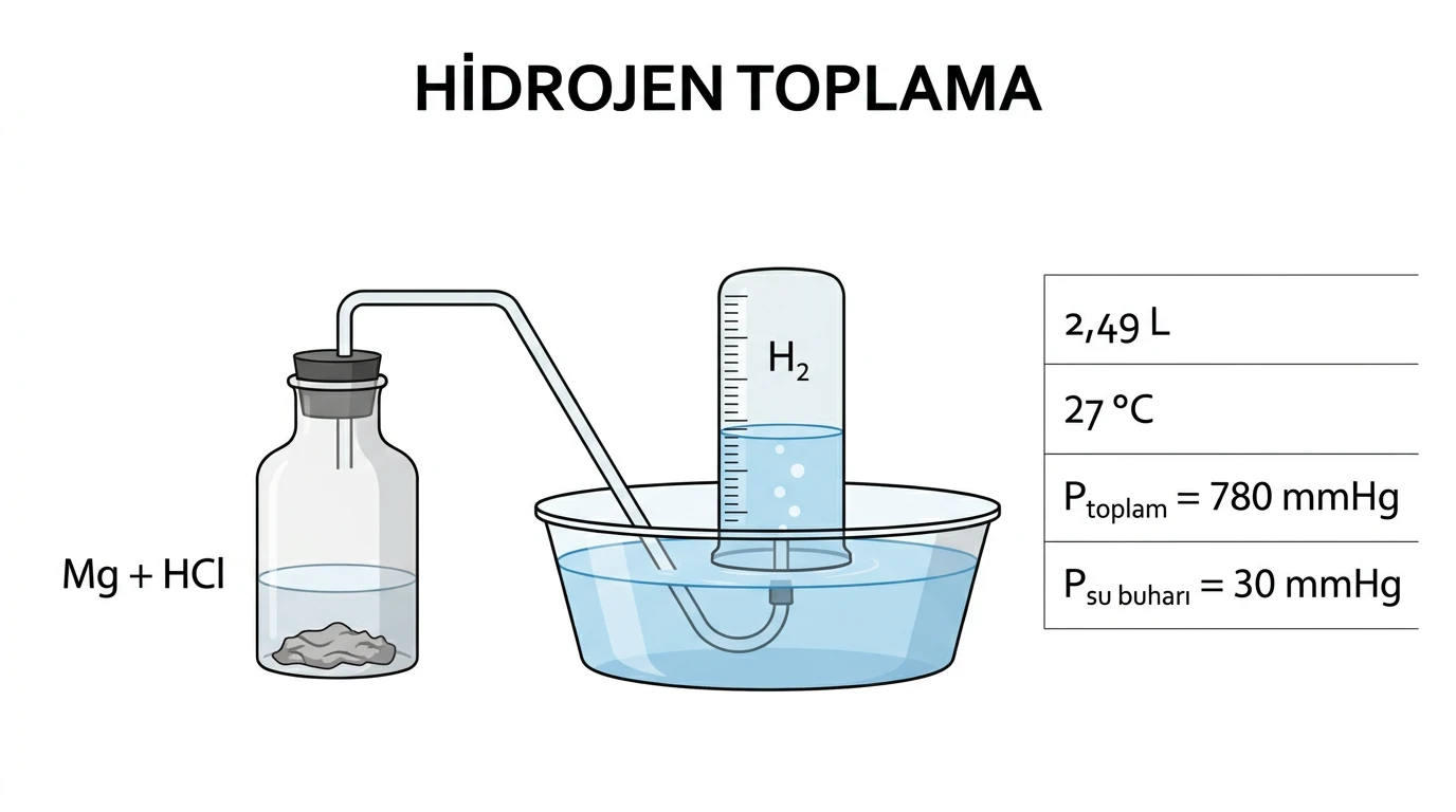 Magnezyum ve hidroklorik asit tepkimesinden çıkan hidrojenin dereceli kapta su üzerinde toplanması