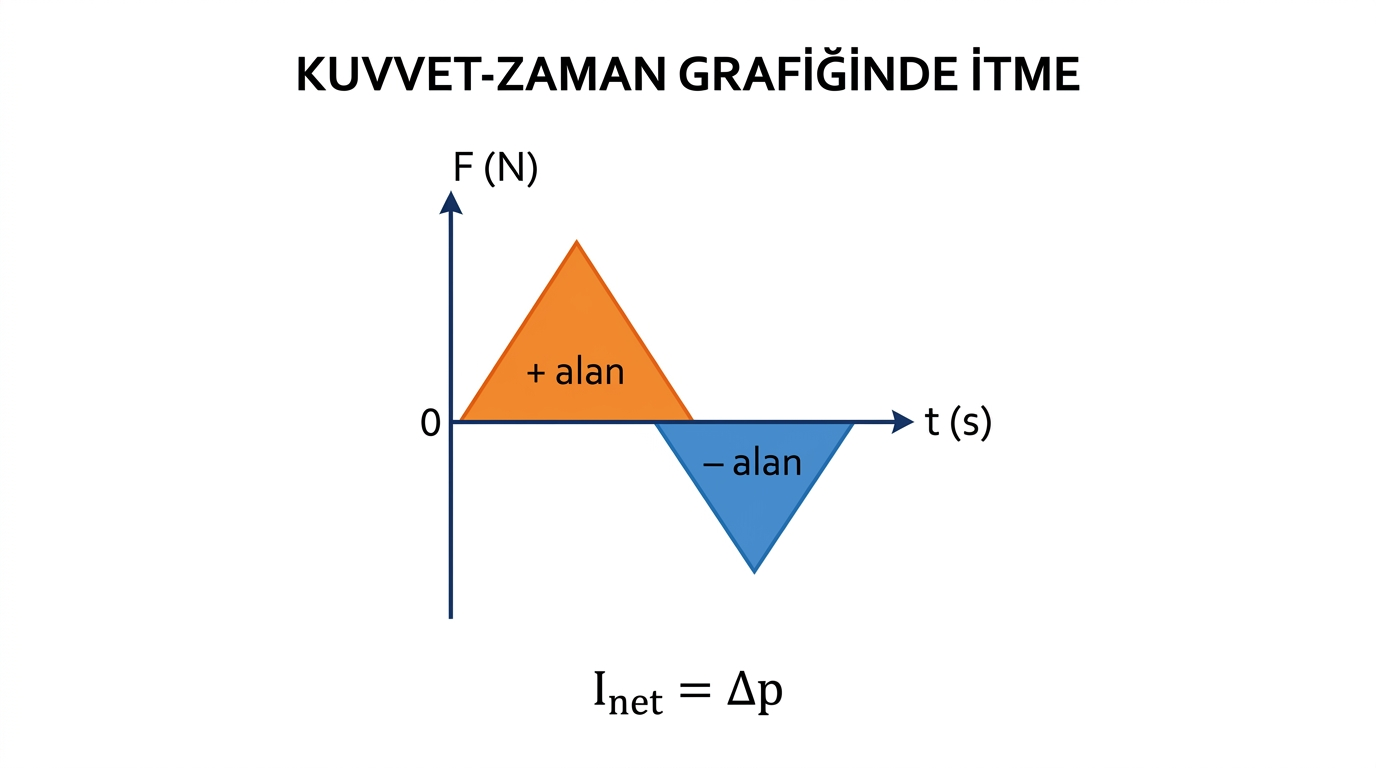 Kuvvet zaman grafiğinde pozitif ve negatif alanların net itmeyi vermesi