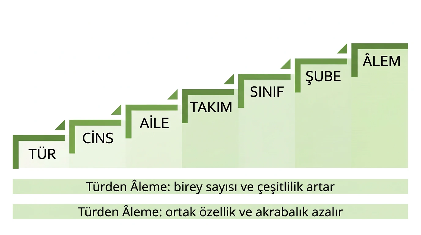 Türden âleme taksonomik basamaklar ve değişen özellikler
