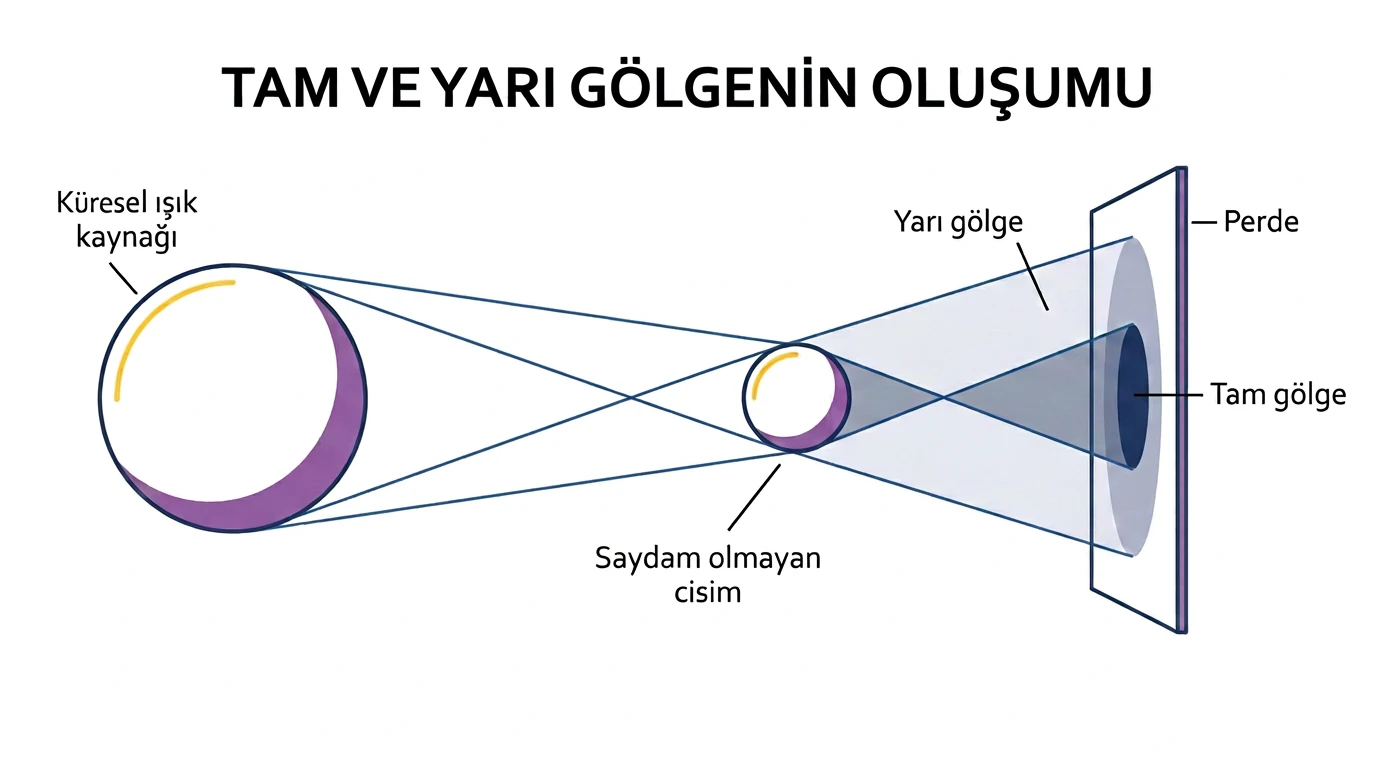 Küresel ışık kaynağında tam gölge ve yarı gölge oluşumu