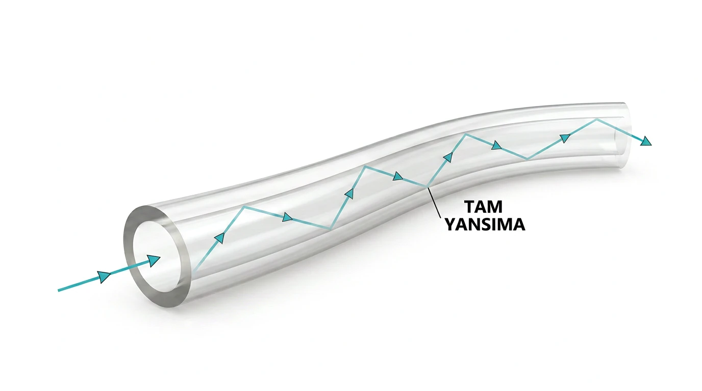 Kıvrımlı fiber optik kablonun çekirdeğinde tam yansımalarla ilerleyen ışık