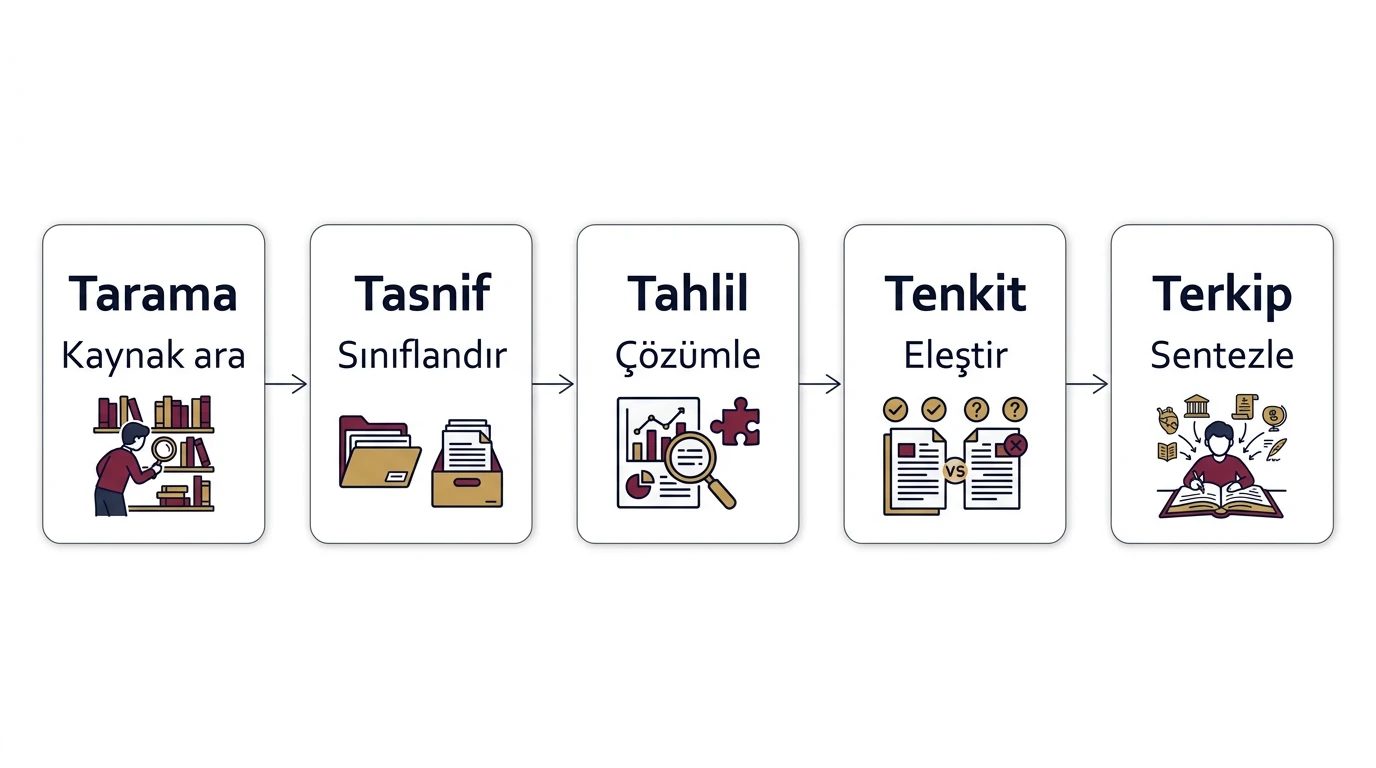 Tarama tasnif tahlil tenkit ve terkipten oluşan tarih araştırması basamakları