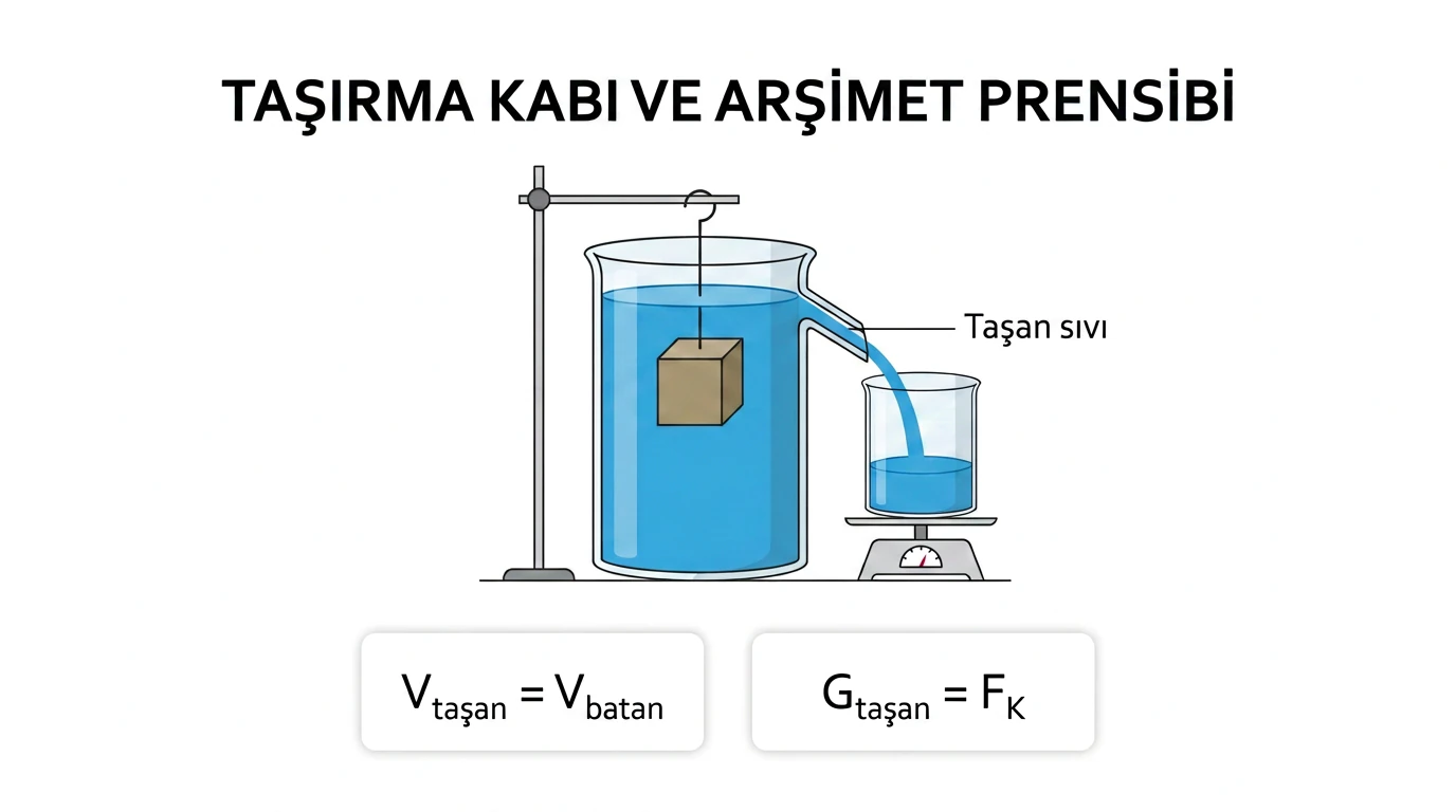 Taşırma kabında cisim batırıldığında taşan sıvı ağırlığı ile kaldırma kuvveti arasındaki ilişki