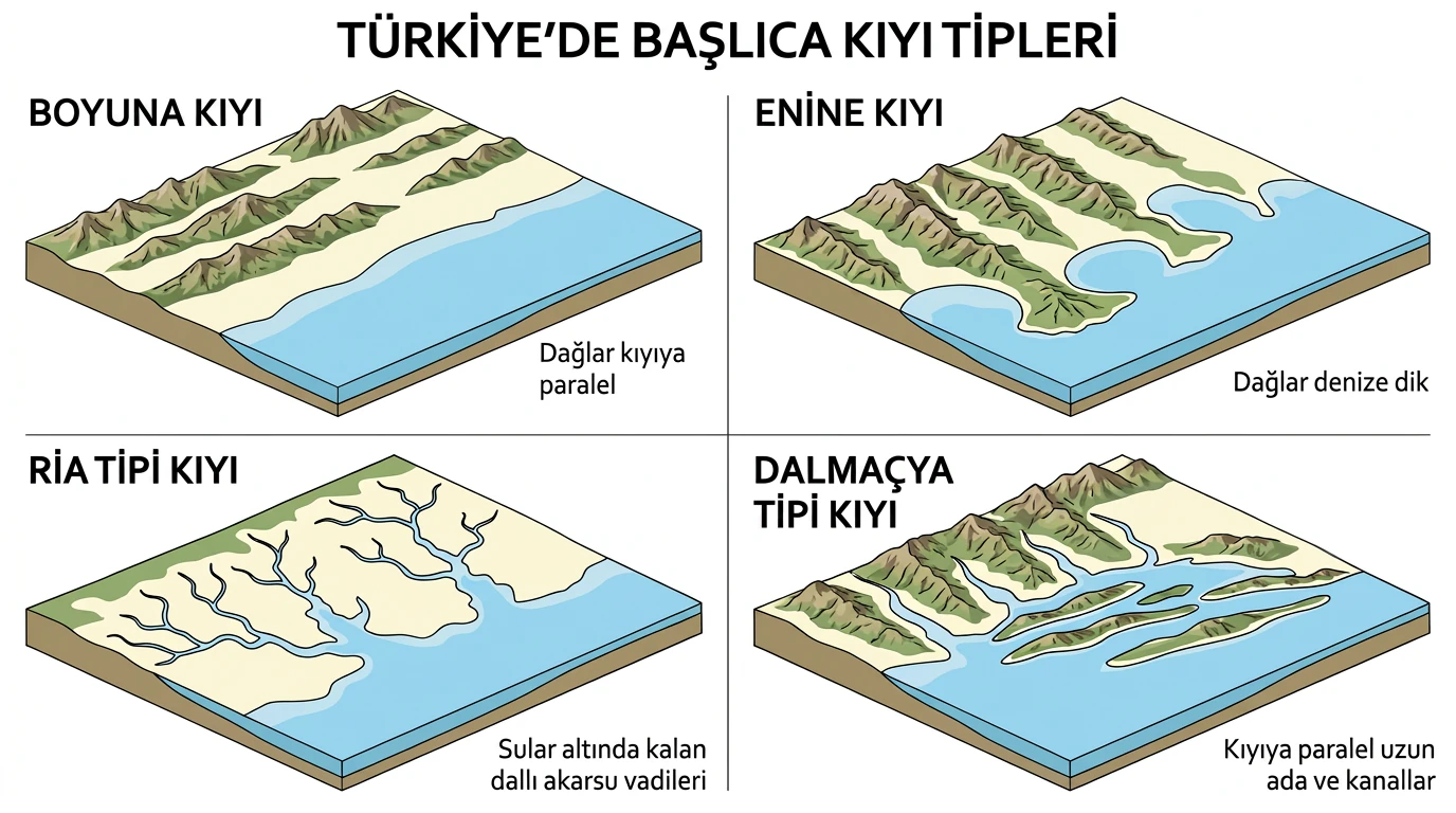 Boyuna, enine, ria ve Dalmaçya tipi kıyıların oluşumunu karşılaştıran şema