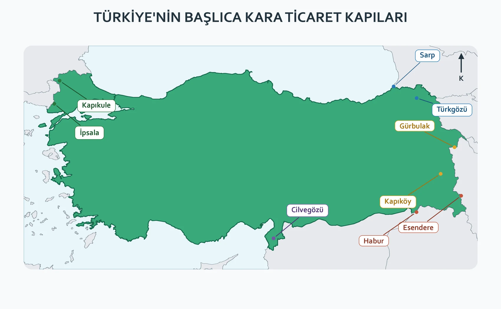 Kapıkule, İpsala, Sarp, Türkgözü, Gürbulak, Kapıköy, Esendere, Habur ve Cilvegözü sınır kapılarının Türkiye haritasındaki konumları