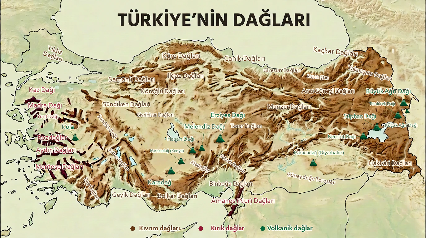 Türkiye'nin kıvrım, kırık ve volkanik dağlarını gösteren harita