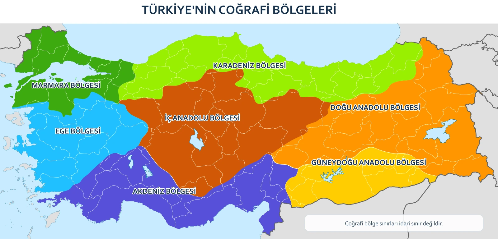 Türkiye'nin yedi coğrafi bölgesini ve öğretim amaçlı sınırlarını gösteren harita