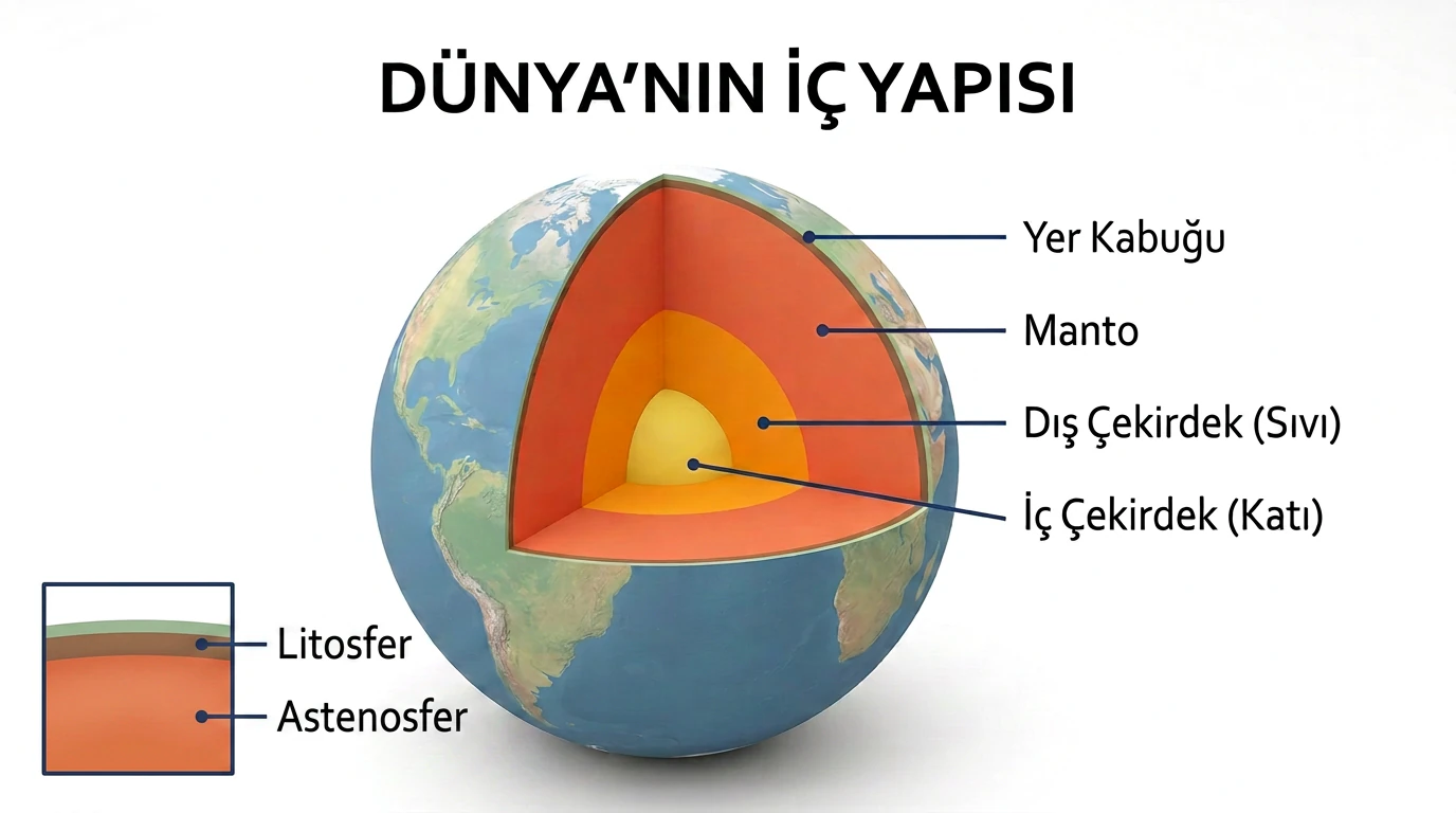 Dünya'nın yer kabuğu, manto, dış çekirdek ve iç çekirdek katmanlarını gösteren üç boyutlu kesit