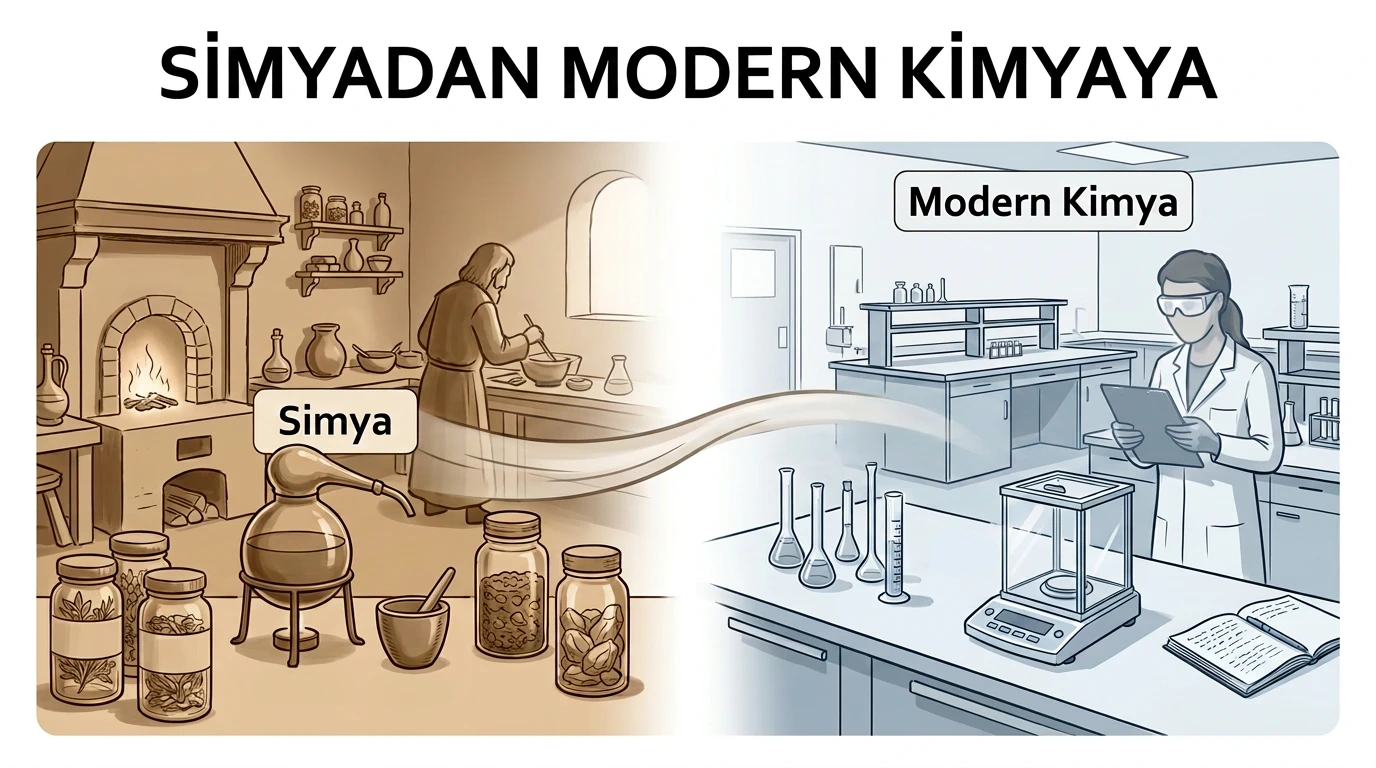 Simya atölyesinden modern kimya laboratuvarına geçişin karşılaştırmalı gösterimi