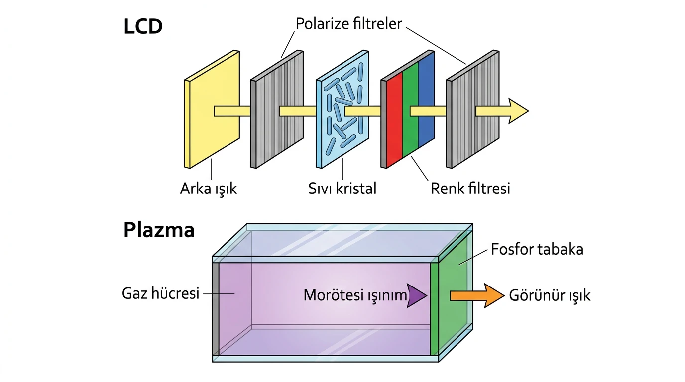 LCD katmanları ve iki polarize filtre ile plazma hücresinde morötesi ışınımdan görünür ışık oluşumu